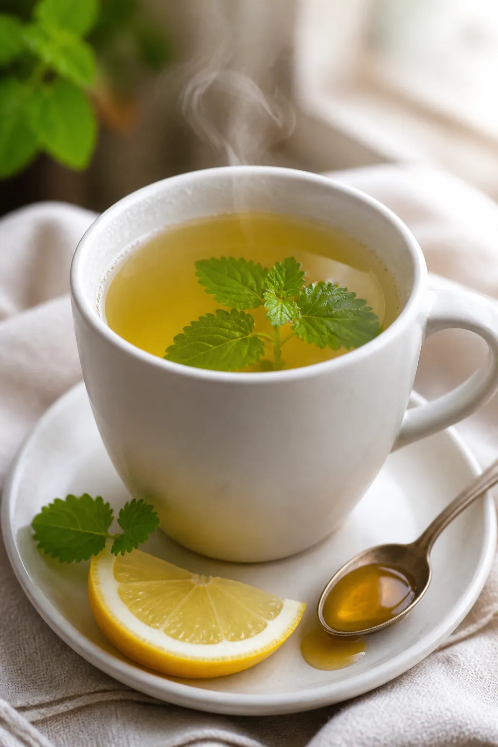 Close-up detail shot of a steaming mug of freshly steeped lemon balm hot tea, golden-green hue with