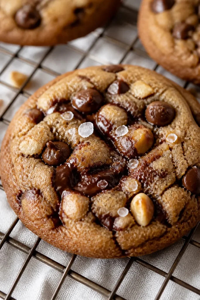 Close-up detail shot of freshly baked nutty chocolate chip cookies cooling on a wire rack: focus on
