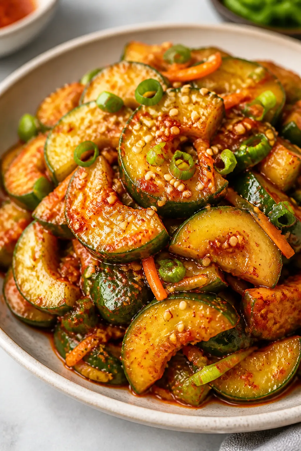 Close-up detail shot of freshly tossed cucumber kimchi (oi kimchi): glossy, sesame-oil sheen on cris