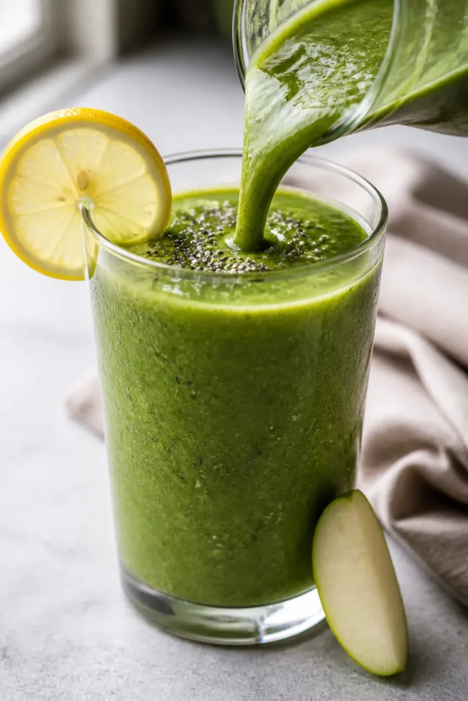 Close-up detail shot of the finished green detox smoothie being poured into a chilled clear glass, c