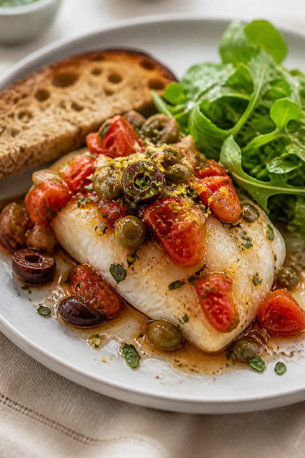 Close-up plated final dish: a single flaky halibut fillet spooned with the tomato-olive-onion pan sa