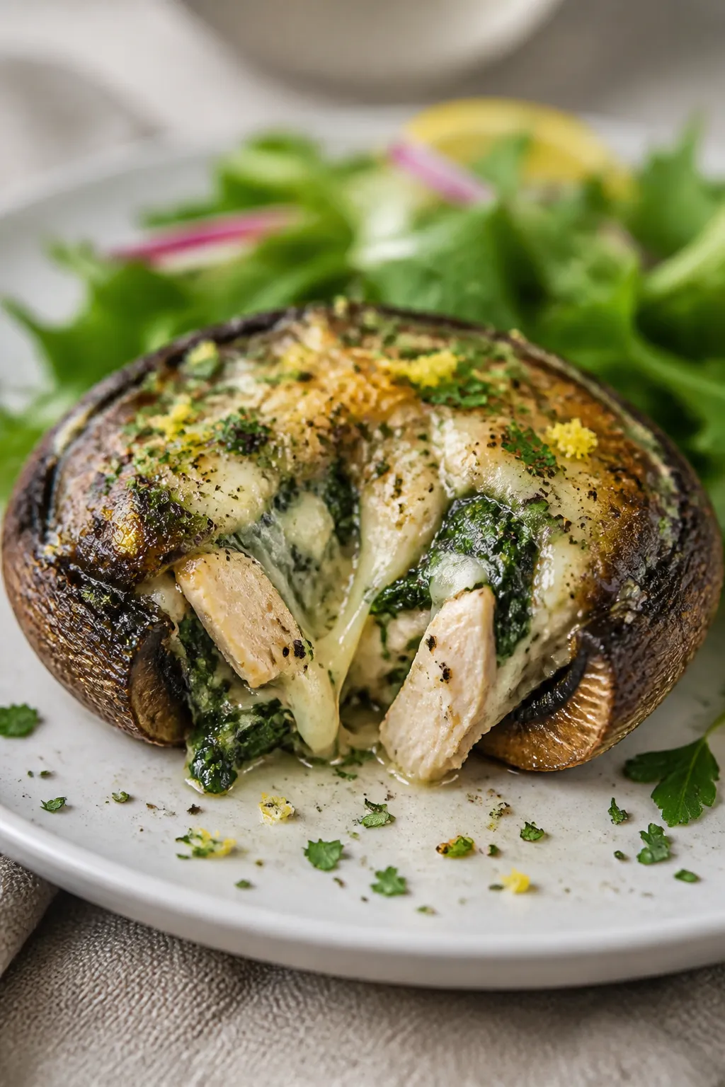 Close-up plated presentation of a single stuffed portabella on a matte white plate, cut open to reve