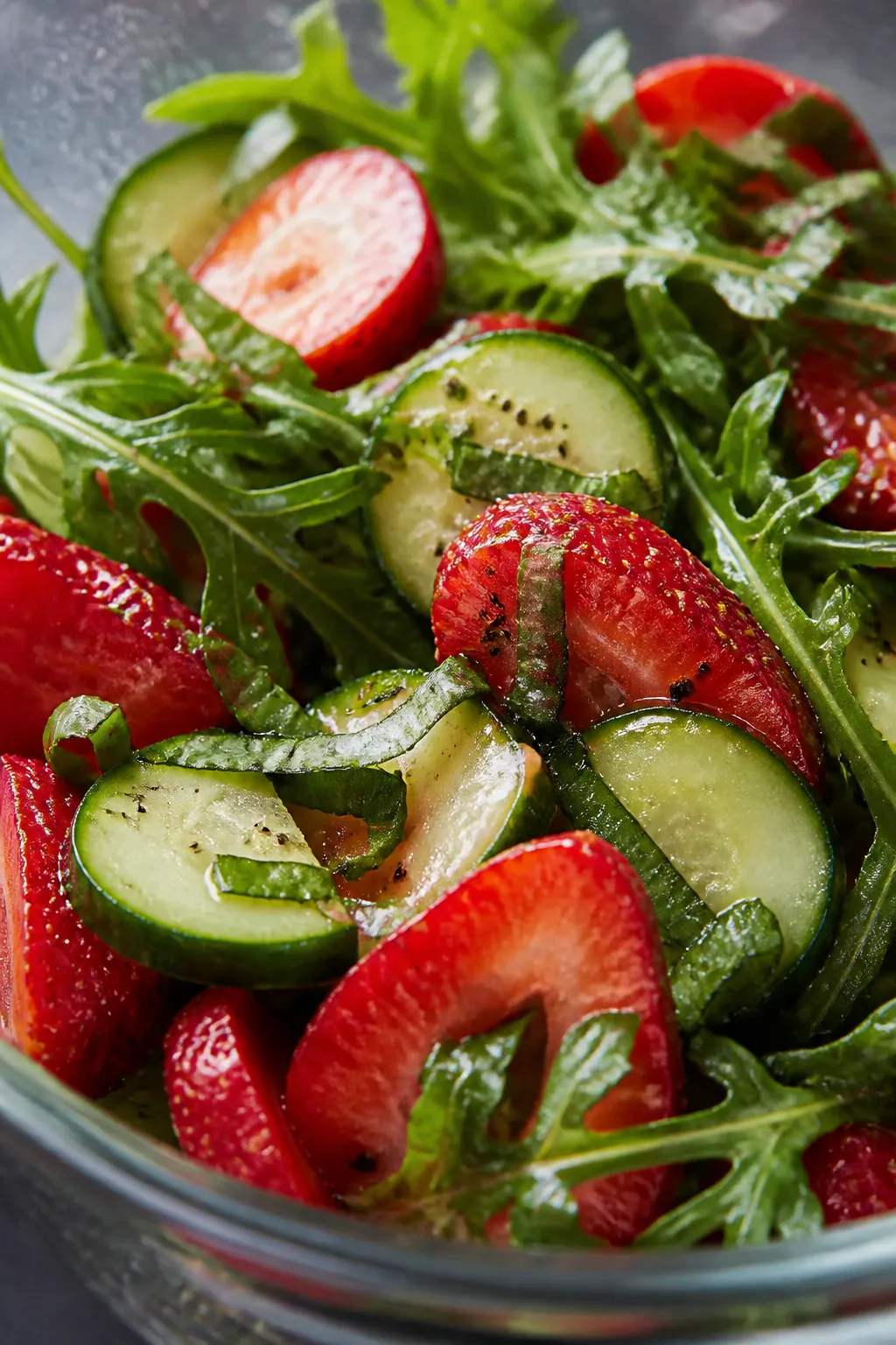 Close-up, process-focused detail of the dressed salad just after a gentle toss in a glass mixing bow