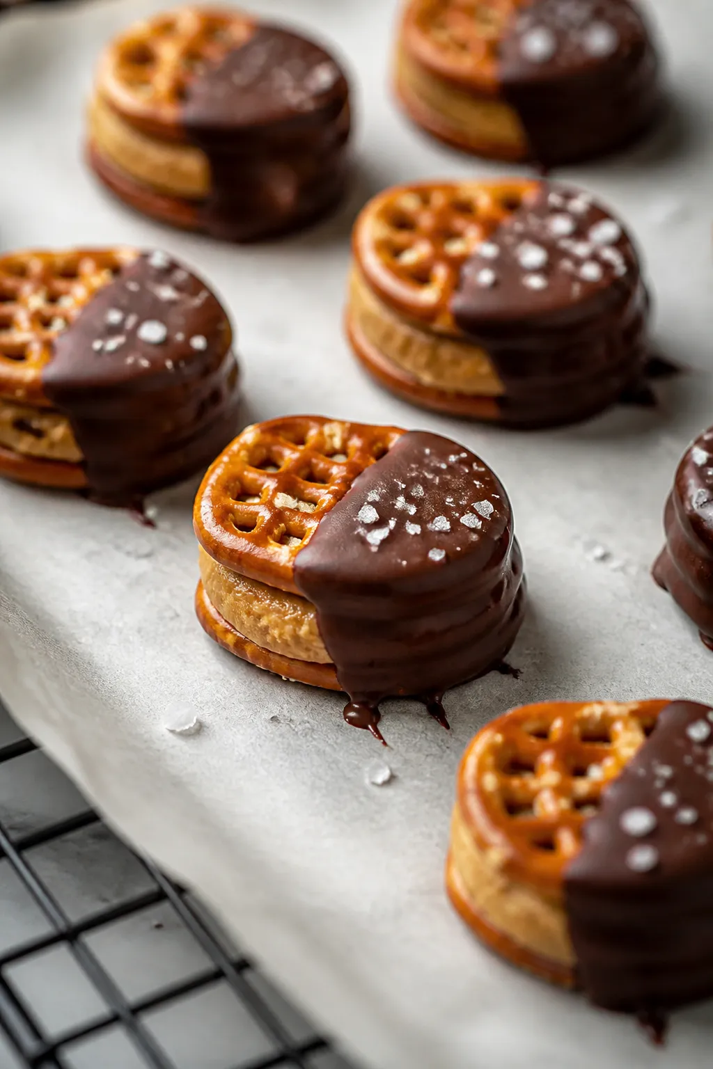 Close-up process shot: Peanut Butter Pretzel Bites just after dipping, half-coated in glossy semi-sw