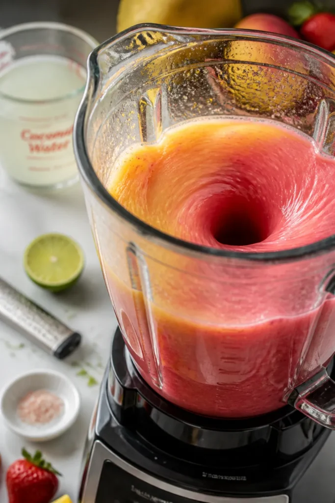 Close-up process shot: Vibrant pineapple–mango–strawberry smoothie mid-blend in a glass blender