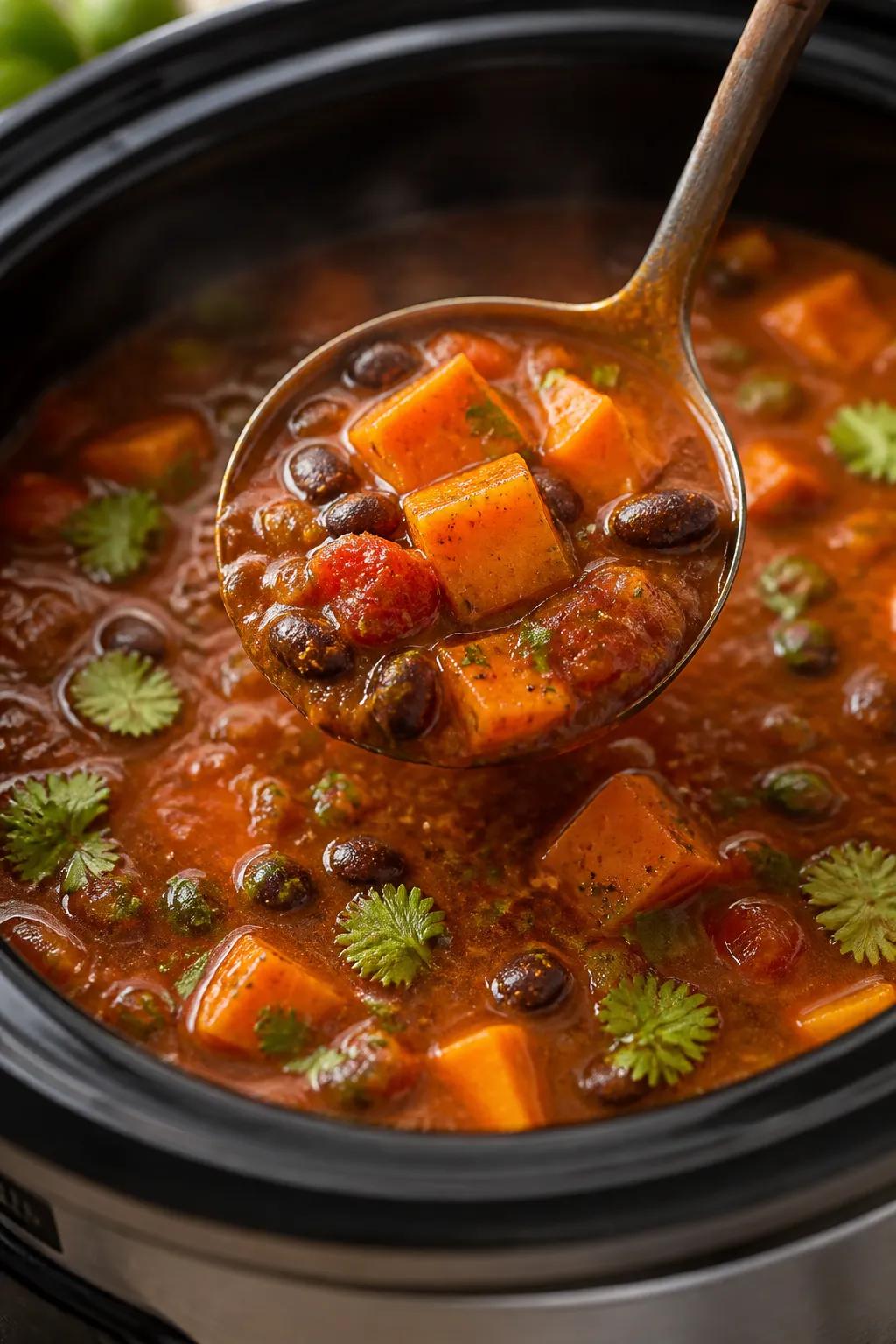 Close-up, shallow depth-of-field shot of the chili simmering in a crockpot at the end of cooking: sp