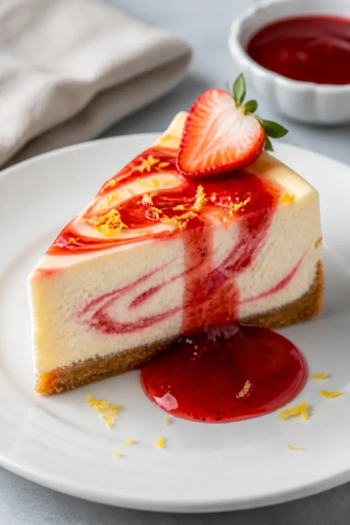 Close-up, three-quarter angle of a single plated slice of Strawberry Swirl Cheesecake on a white por