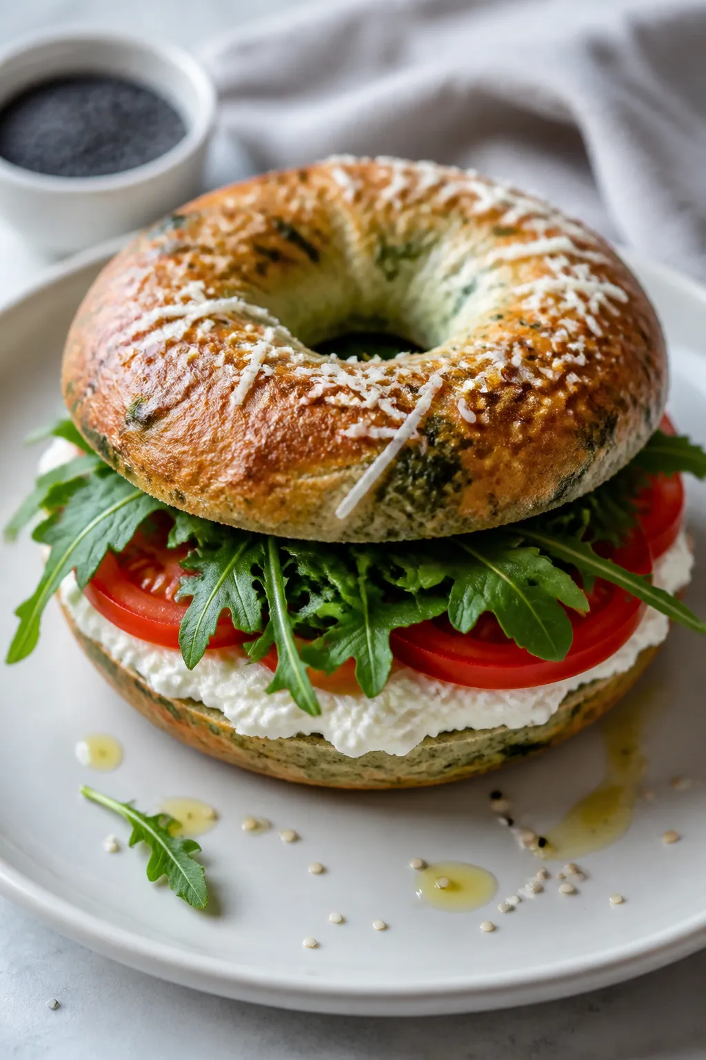 Close-up, three-quarter angle of a toasted spinach cottage cheese flagel used as a breakfast sandwic