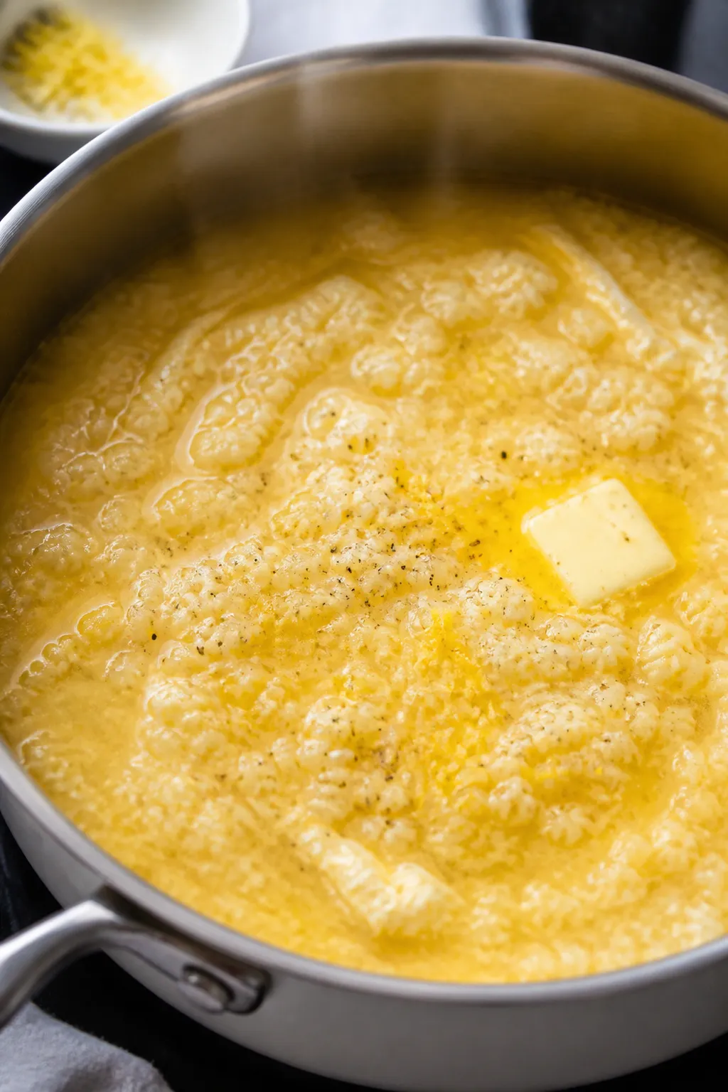 Cooking process close-up: A medium pot of simmering pastina soup with delicate egg-and-Parmesan ribb
