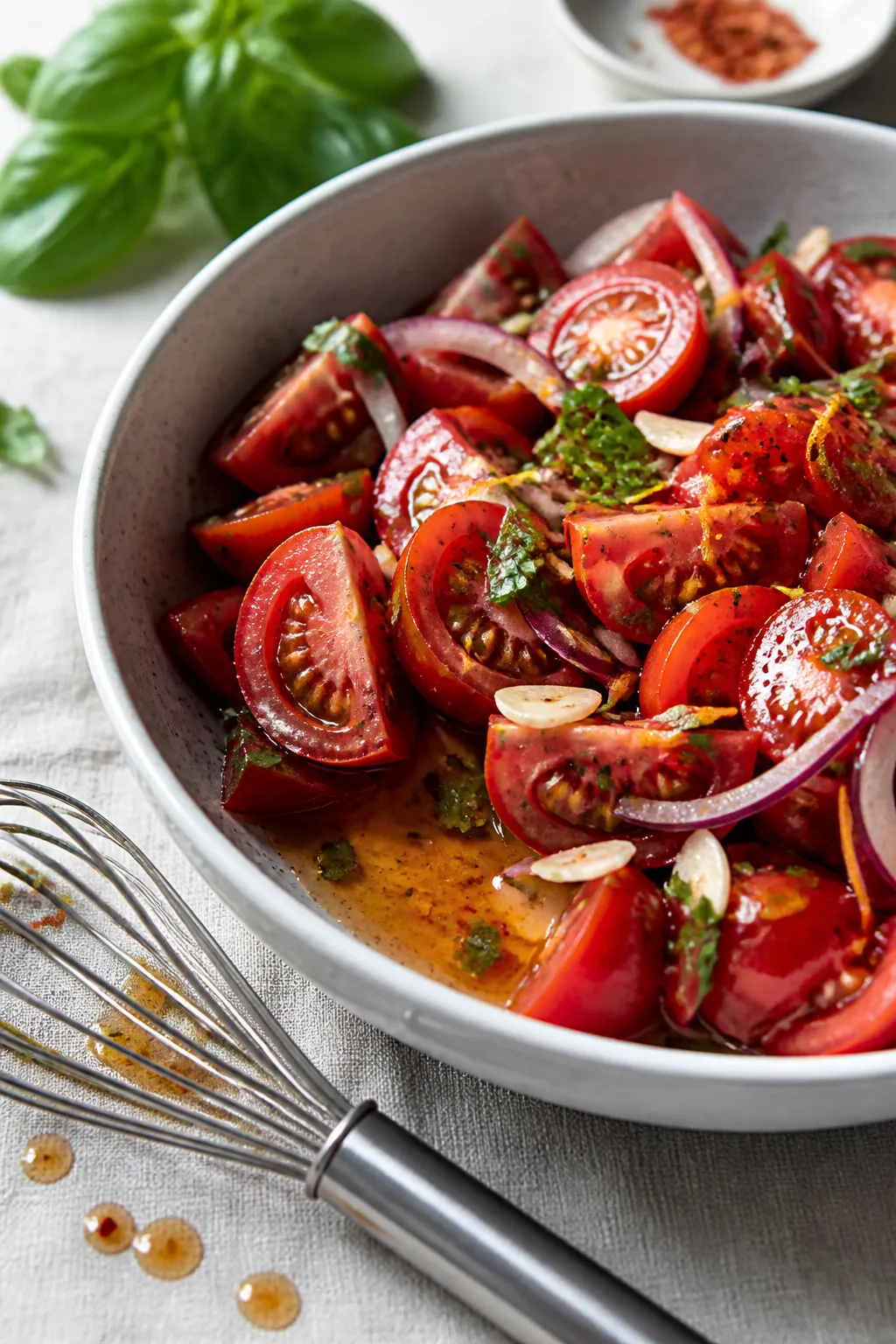 Cooking process, close-up detail: A shallow-bowl of just-marinated tomato wedges and halved cherry t