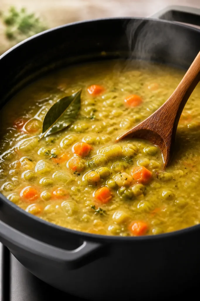 Cooking process, close-up detail: A steaming pot of vegan split pea soup mid-simmer, showing tender