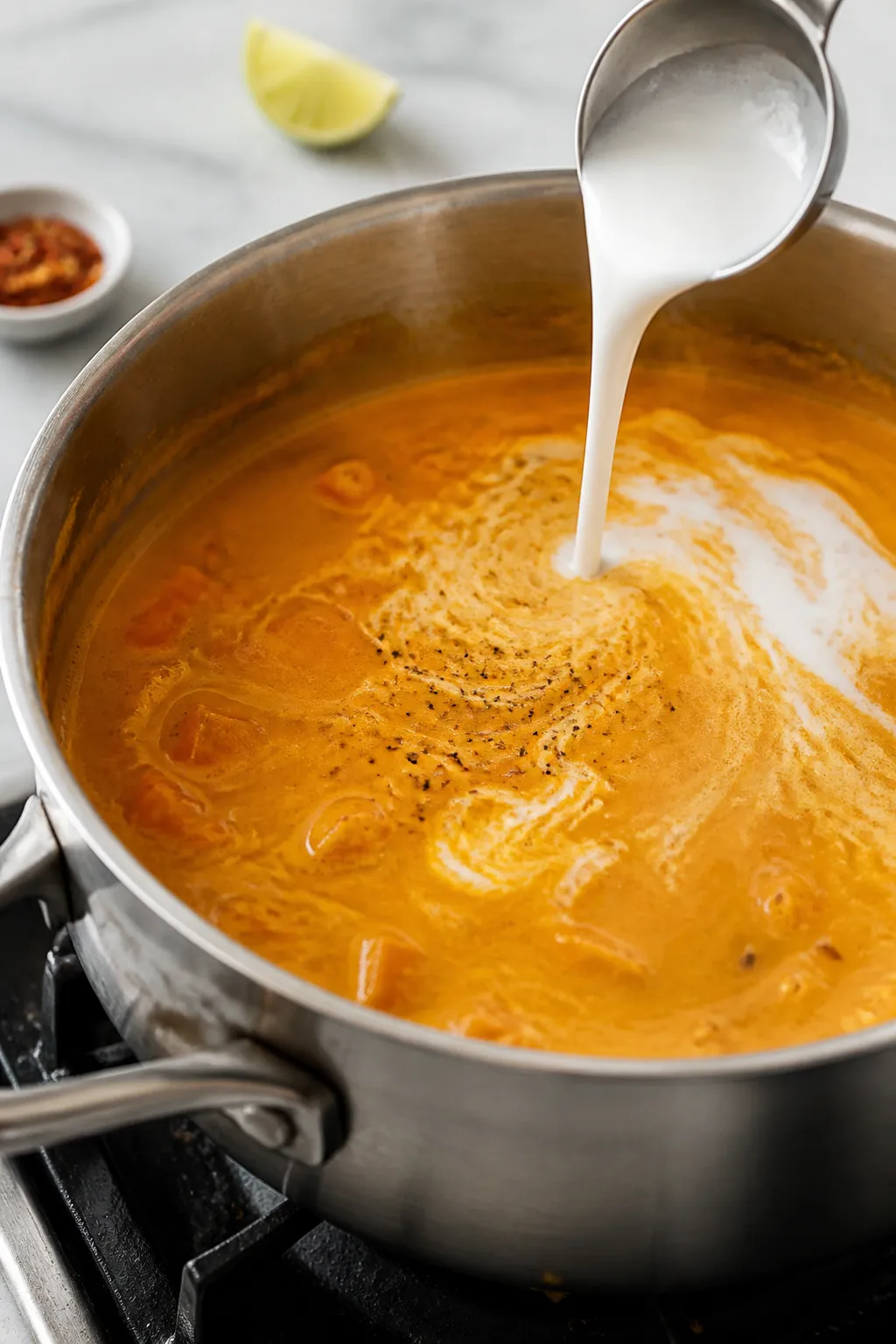 Cooking process, close-up detail: A steamy medium saucepan on the stove with sweet potato coconut cu