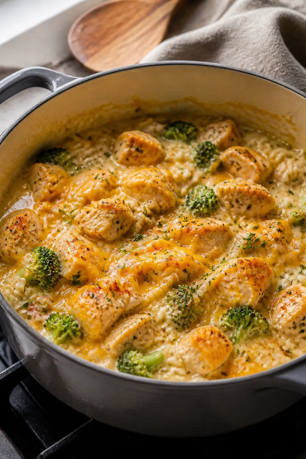 Cooking process, close-up detail: A steamy, oven-safe Dutch oven on the stovetop showing the creamy 