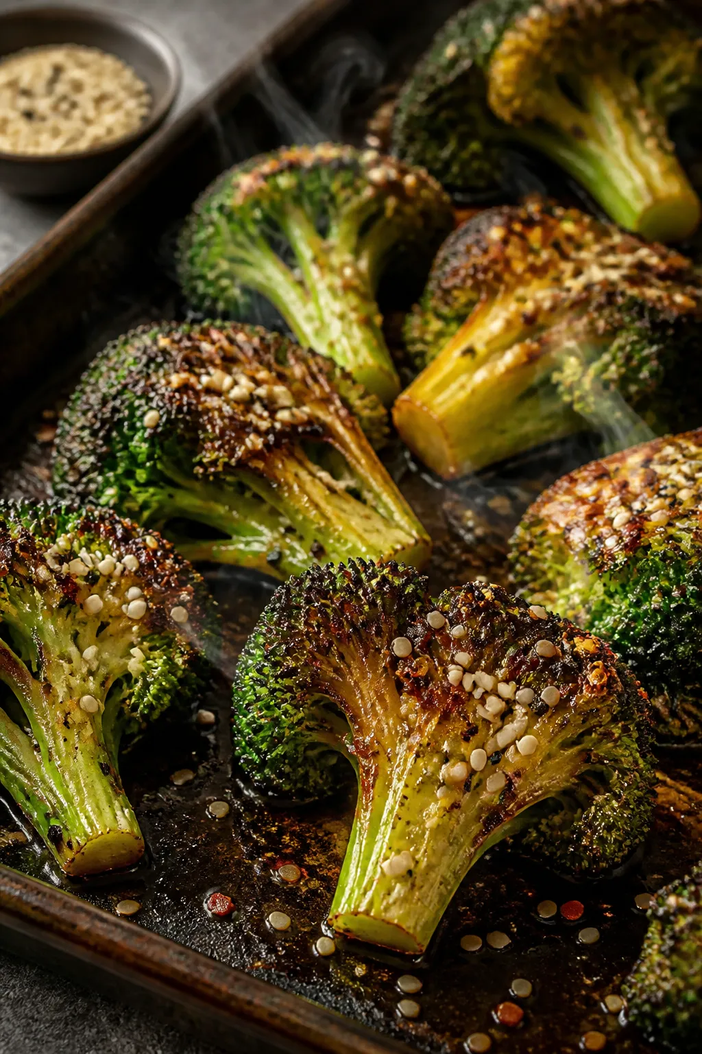 Cooking process, close-up detail: Close-up of sesame roasted broccoli just out of the oven on a preh