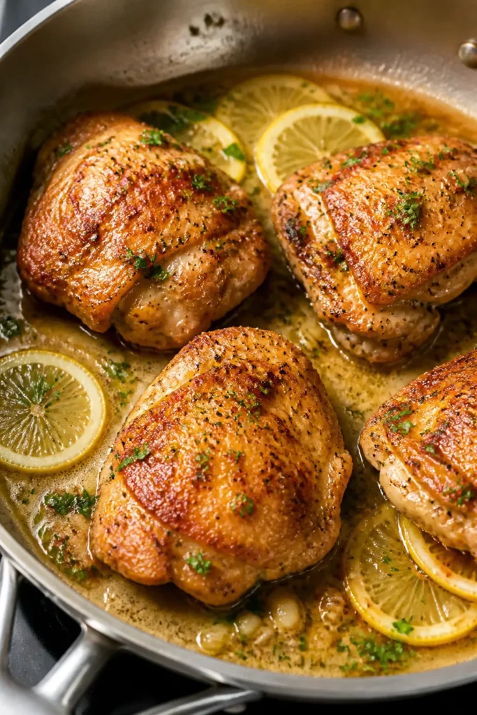 Cooking process, close-up detail: Golden pan-seared chicken thighs sizzling in a stainless-steel ski