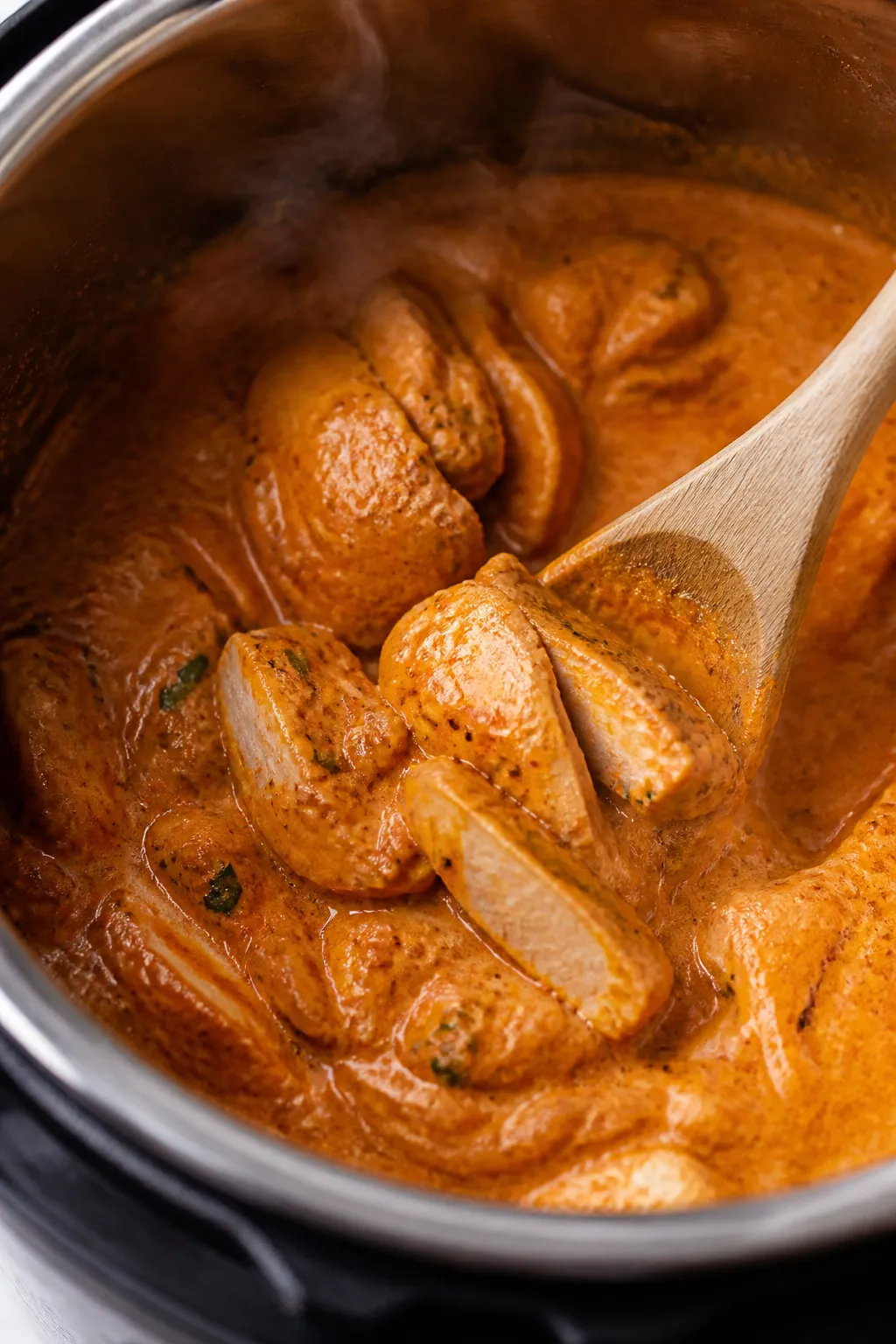 Cooking process, close-up detail: Instant Pot tikka masala simmering after pressure release, close-u
