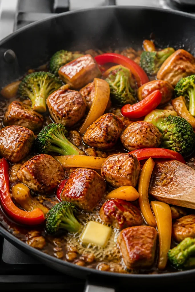 Cooking process, close-up detail: Searing balsamic-glazed chicken bites and mixed veggies in a large