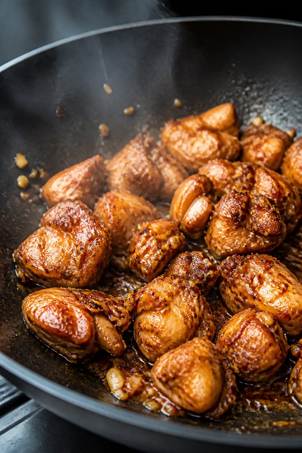 Cooking process, close-up detail: Searing soy-garlic marinated chicken pieces in a hot wok, golden-b