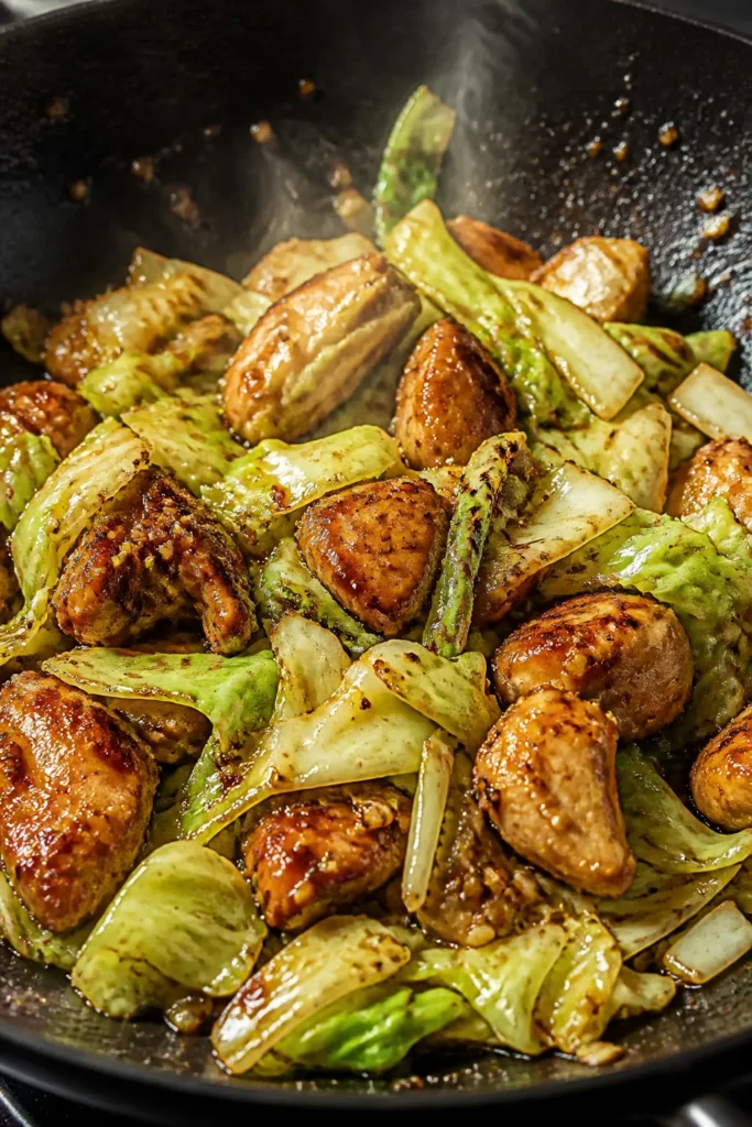 Cooking process, close-up detail: Sizzling soy-garlic chicken thigh pieces and crisp-tender green ca