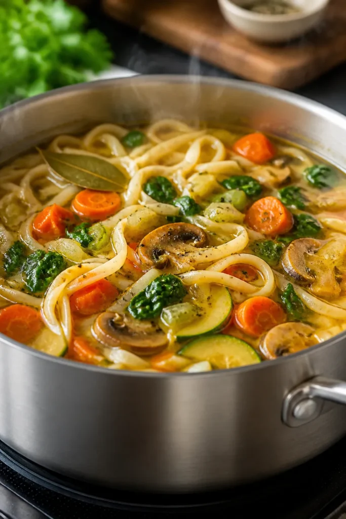 Cooking process, close-up detail: Steam-kissed shot of vegan vegetable noodle soup simmering in a wi