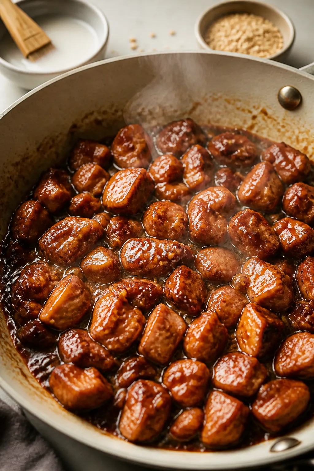 Cooking process close-up: Diced teriyaki chicken simmering in a shallow skillet, sauce reduced to a