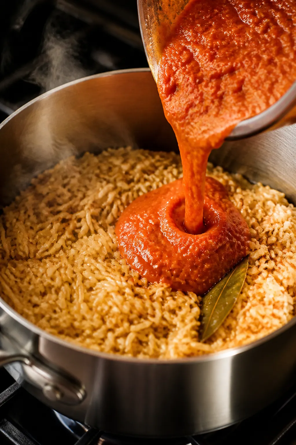 Cooking process close-up: Golden-toasted long-grain rice in a medium saucepan, grains glistening in 