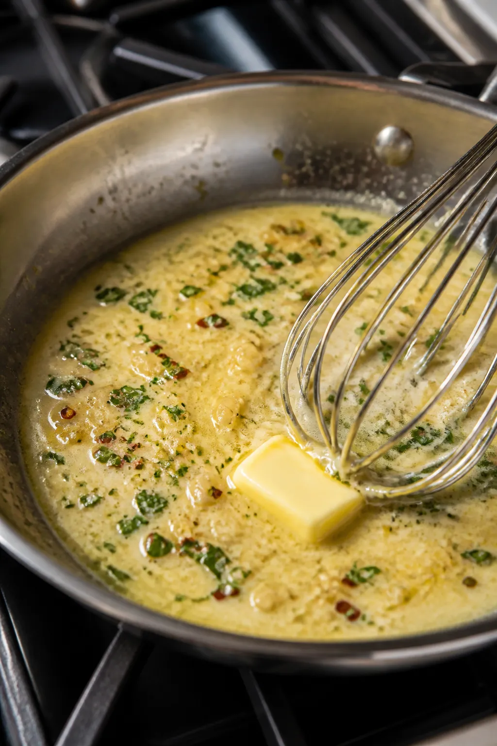 Cooking process close-up: In-pan shot of creamy lemon garlic butter sauce reducing in a small stainl