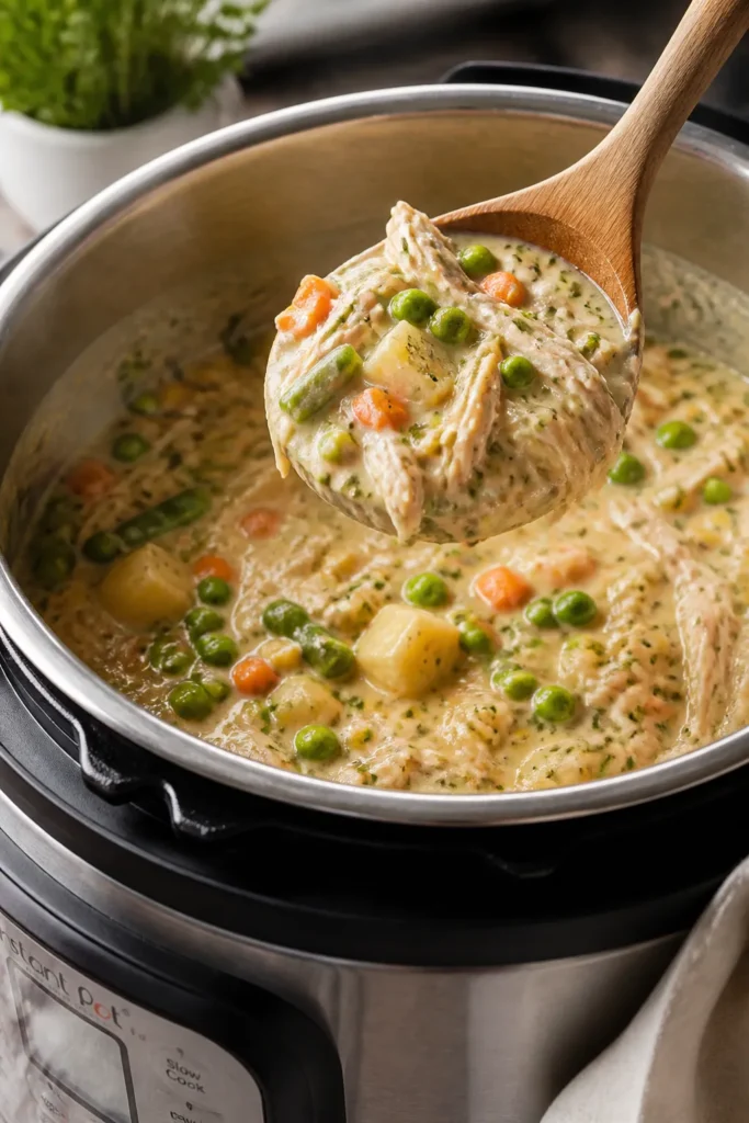 Cooking process close-up: Instant Pot chicken pot pie filling simmering on Sauté, creamy sauce visi