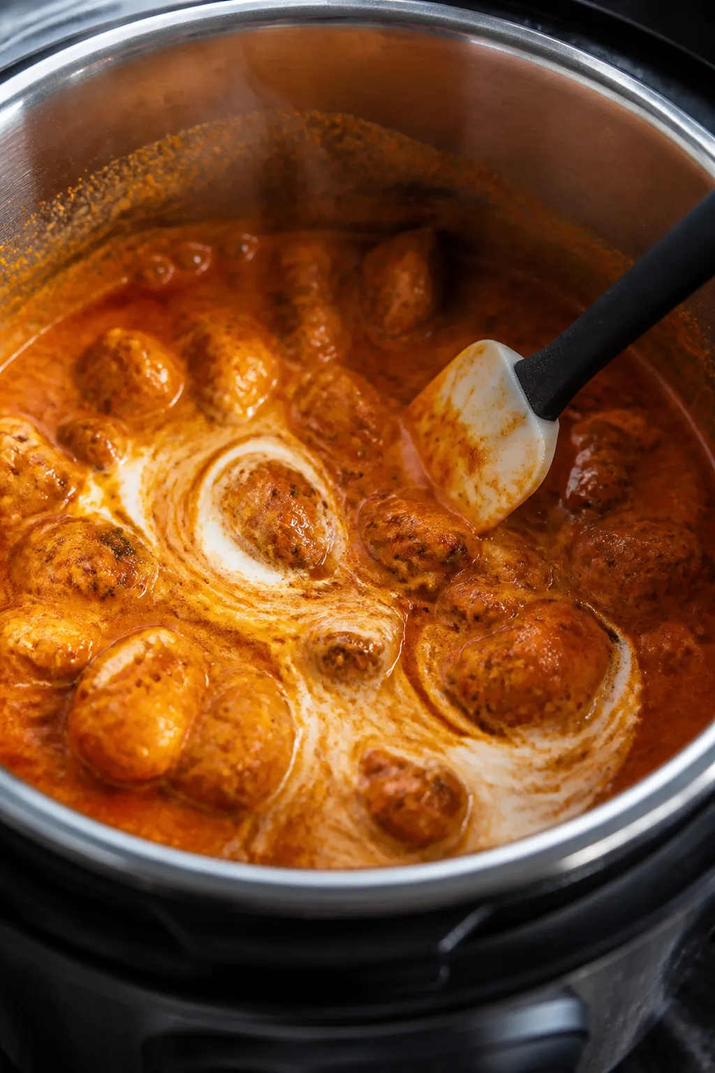 Cooking process close-up: Instant Pot chicken tikka masala mid-simmer after pressure release, sauce