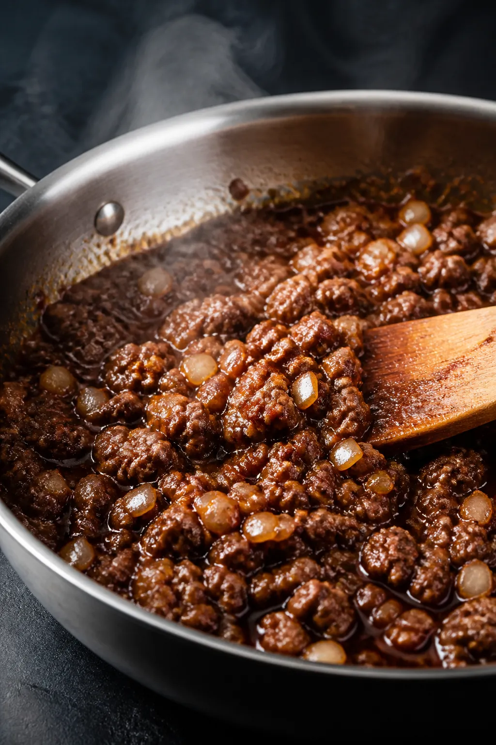 Cooking process close-up: Sizzling Korean BBQ ground beef in a wide stainless skillet, caramelized b