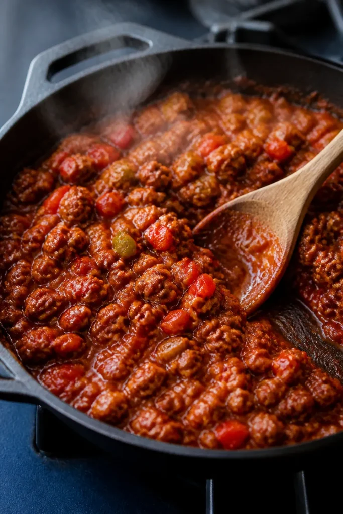Cooking process close-up: Sizzling Mexican con carne molida mid-simmer in a cast-iron skillet, overh