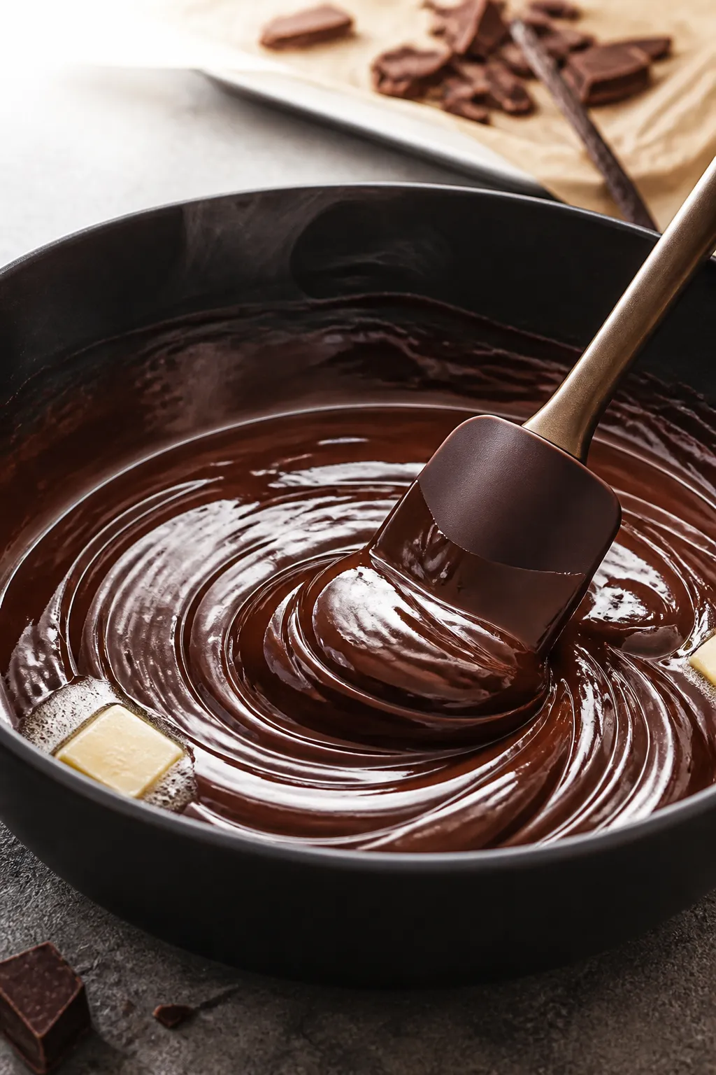 Cooking process close-up: Warm ganache being stirred gently from the center outward with a silicone 
