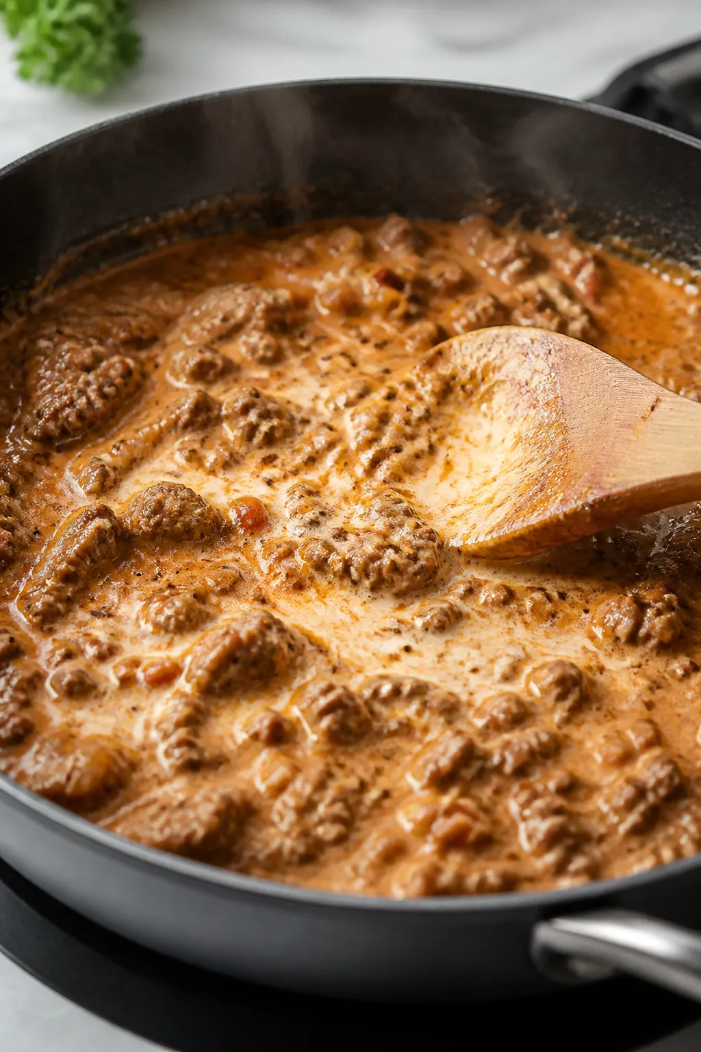 Cooking process — creamy beef sauce in-pan: Close-up of browned crumbled beef simmering in a large