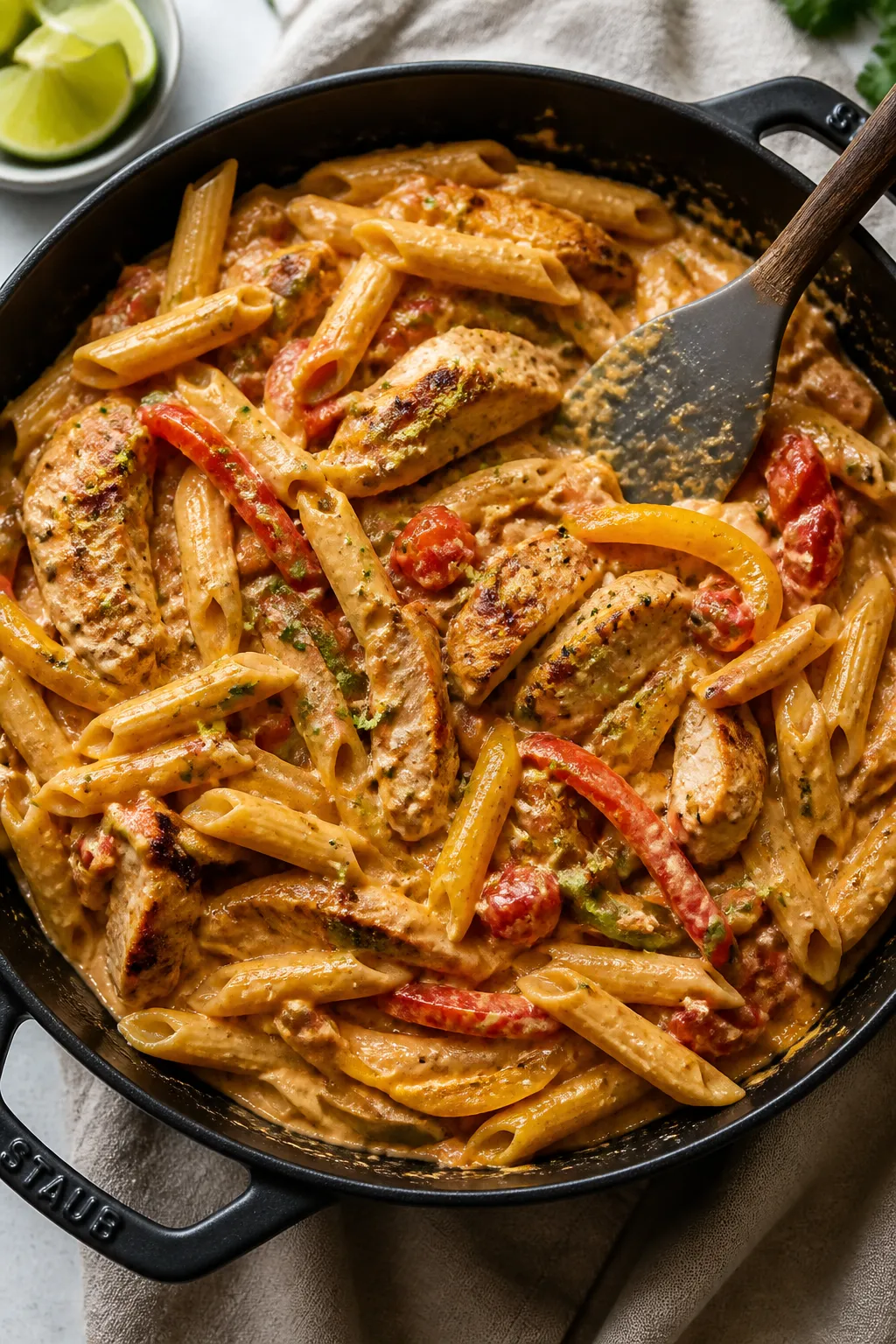 Cooking process — Creamy chicken fajita pasta simmering in a wide, deep skillet: overhead shot cap