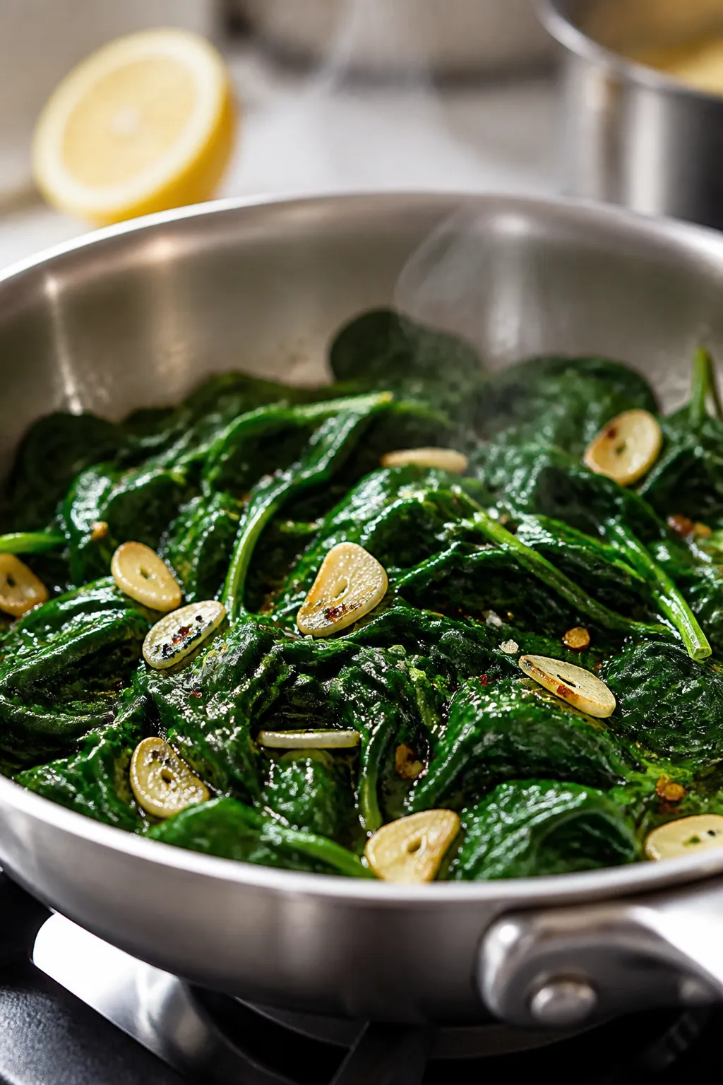 Cooking process: Garlic sautéed spinach in a wide stainless-steel skillet, close-up of glossy wilte