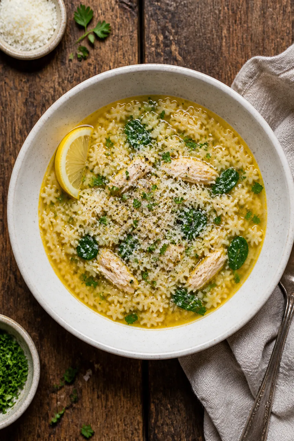 Final dish overhead: A cozy bowl of Nonna’s pastina soup plated in a wide, off-white ceramic bowl 