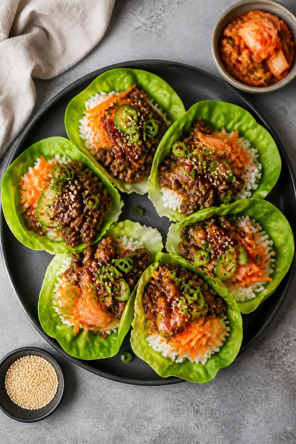 Final dish overhead: Korean BBQ lettuce wraps assembled on a matte charcoal platter—butter lettuce