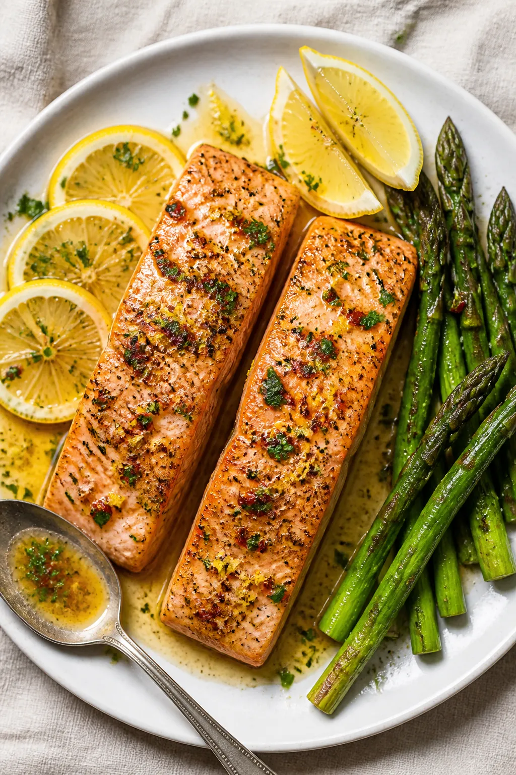 Final dish, overhead plated: Low Carb Lemon Butter Salmon fillets glazed in silky lemon-garlic butte