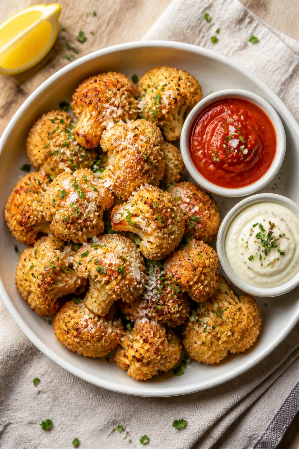 Final dish/overhead presentation: Overhead shot of Crispy Parmesan Cauliflower Bites piled in a warm