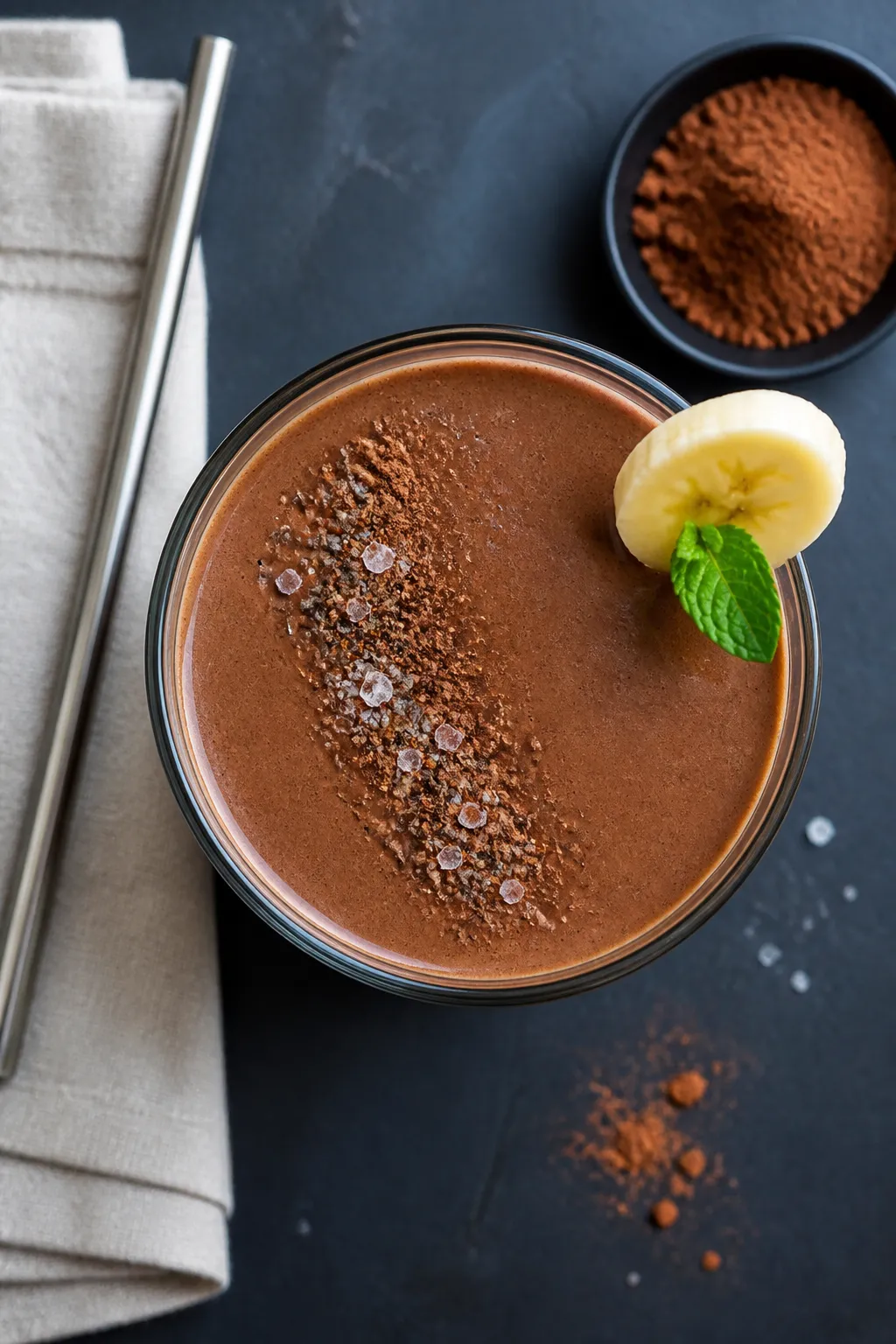 Final dish, overhead presentation: Tasty top-down shot of a poured chocolate protein smoothie in a c