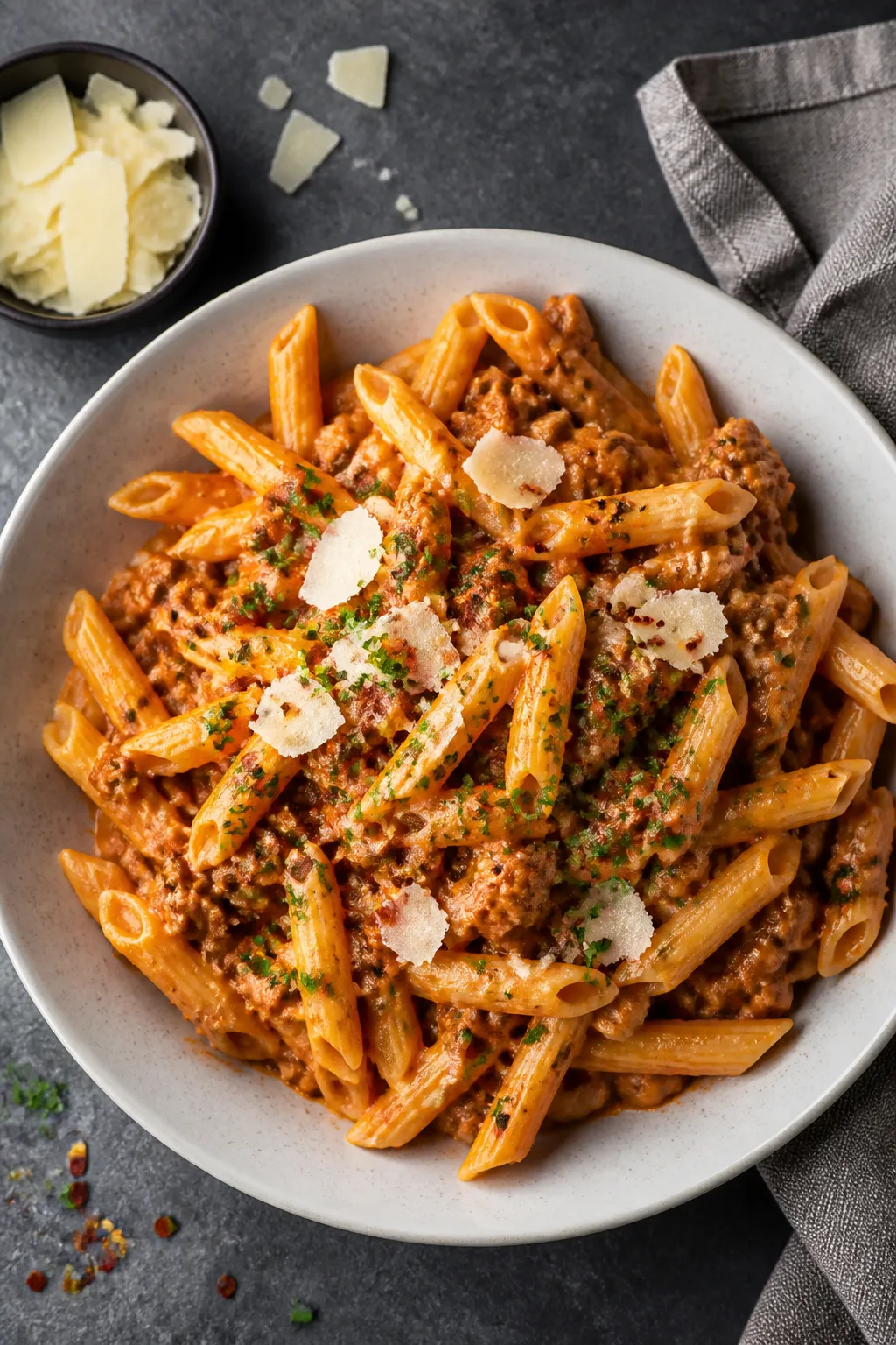 Final dish — plated creamy beef pasta overhead: Tasty top-down shot of al dente penne tossed in ri
