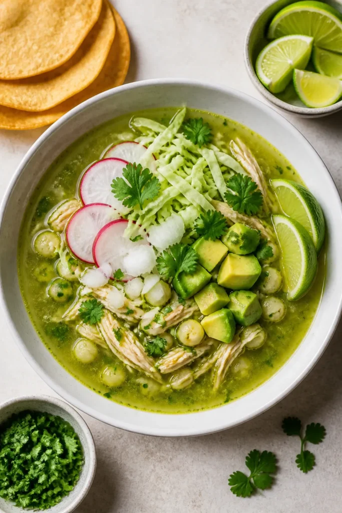 Final dish, plated presentation: Beautifully plated chicken pozole verde in a wide, shallow white bo