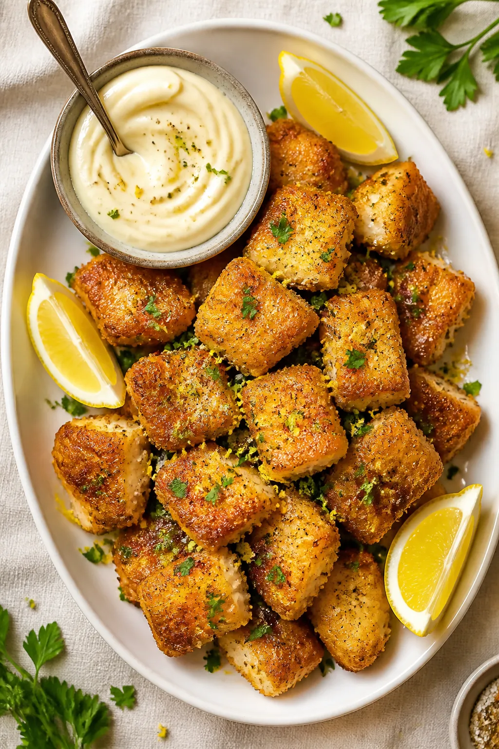 Final dish, tasty top view: Overhead shot of a restaurant-style platter of Lemon Butter Fish Bites a