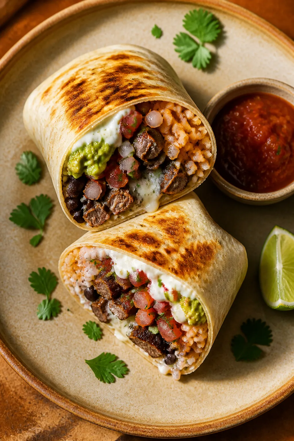 Final dish, tasty top view: Overhead shot of a sealed and lightly toasted Mexican street burrito, cu
