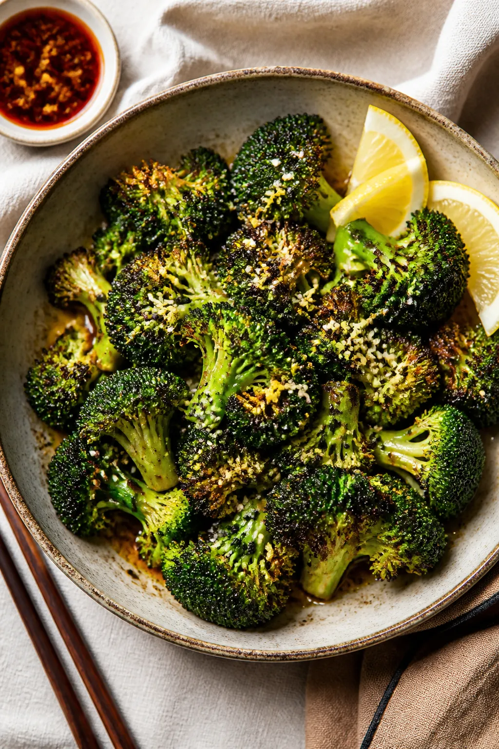 Final dish, tasty top view: Overhead shot of a wide shallow ceramic bowl filled with sesame roasted 