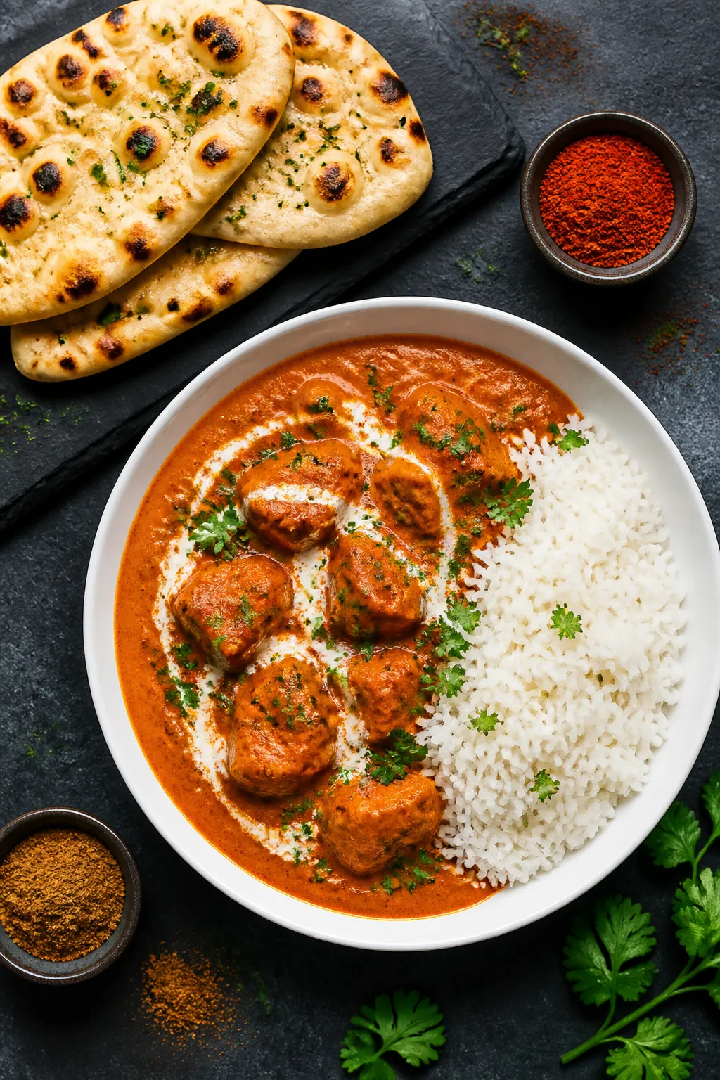 Final dish, tasty top view: Overhead shot of beautifully plated Instant Pot chicken tikka masala in 