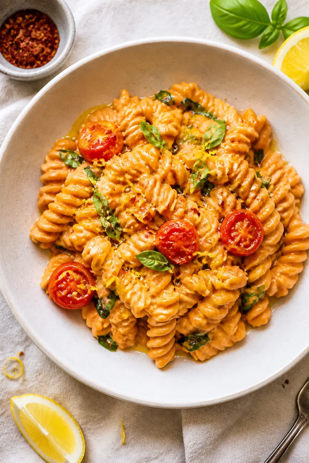 Final dish, tasty top view: Overhead shot of fusilli coated in creamy baked feta-tomato sauce, finis