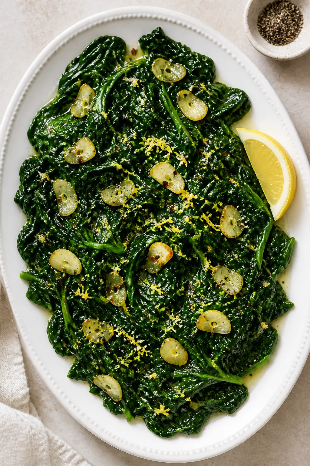 Final dish, tasty top view: Overhead shot of Ina Garten–style garlic sautéed spinach piled on a w