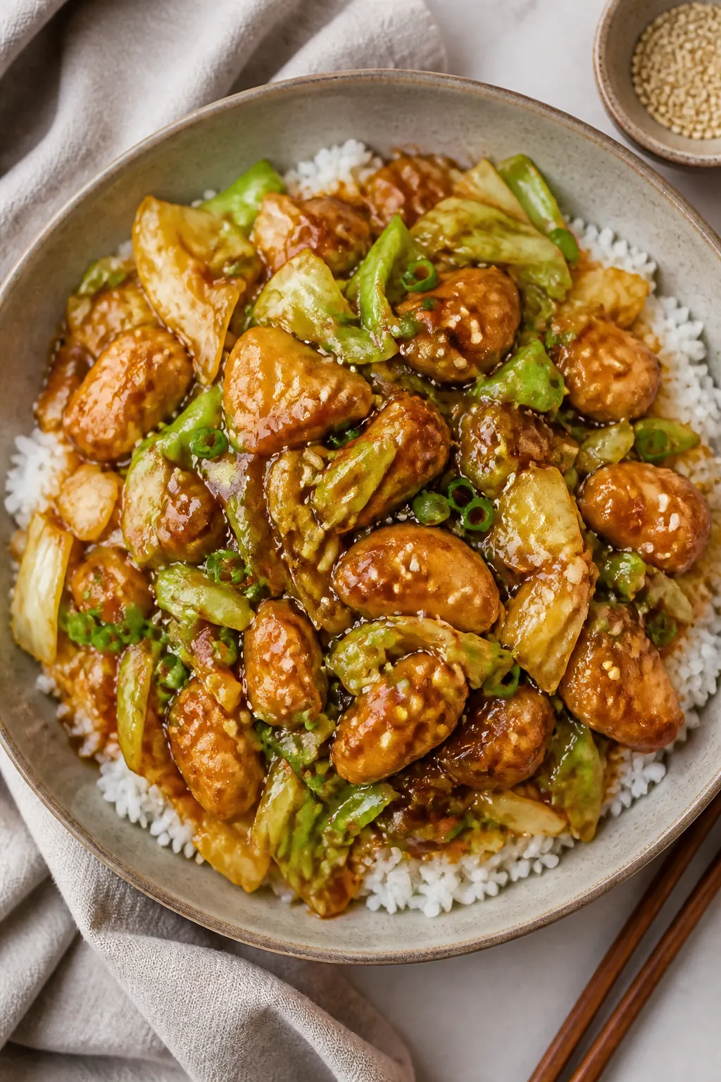 Final dish, tasty top view: Overhead shot of Soy Garlic Chicken with Stir-Fry Cabbage served over fl