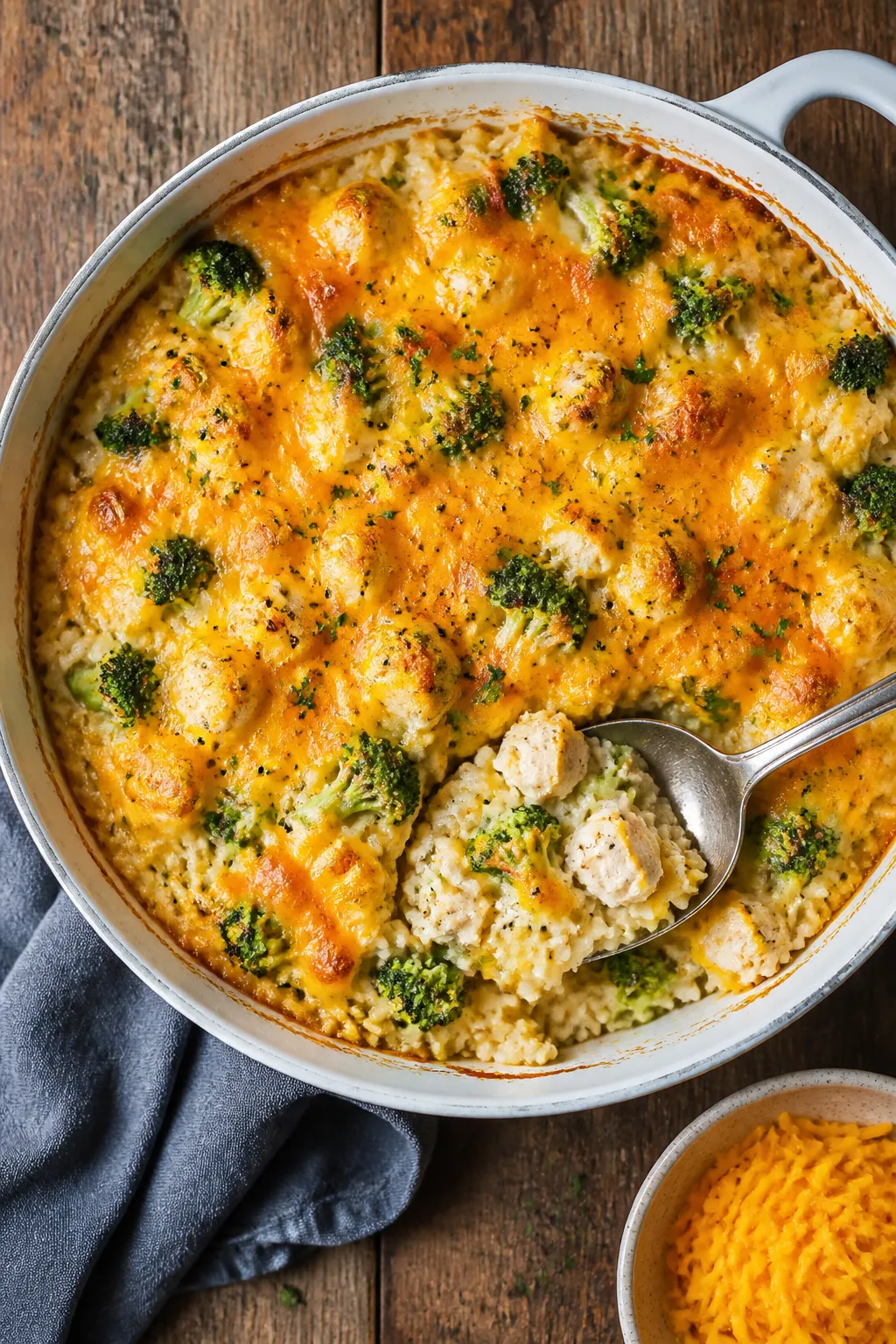 Final dish, tasty top view: Overhead shot of the finished Easy Cheesy Chicken Broccoli Rice Casserol